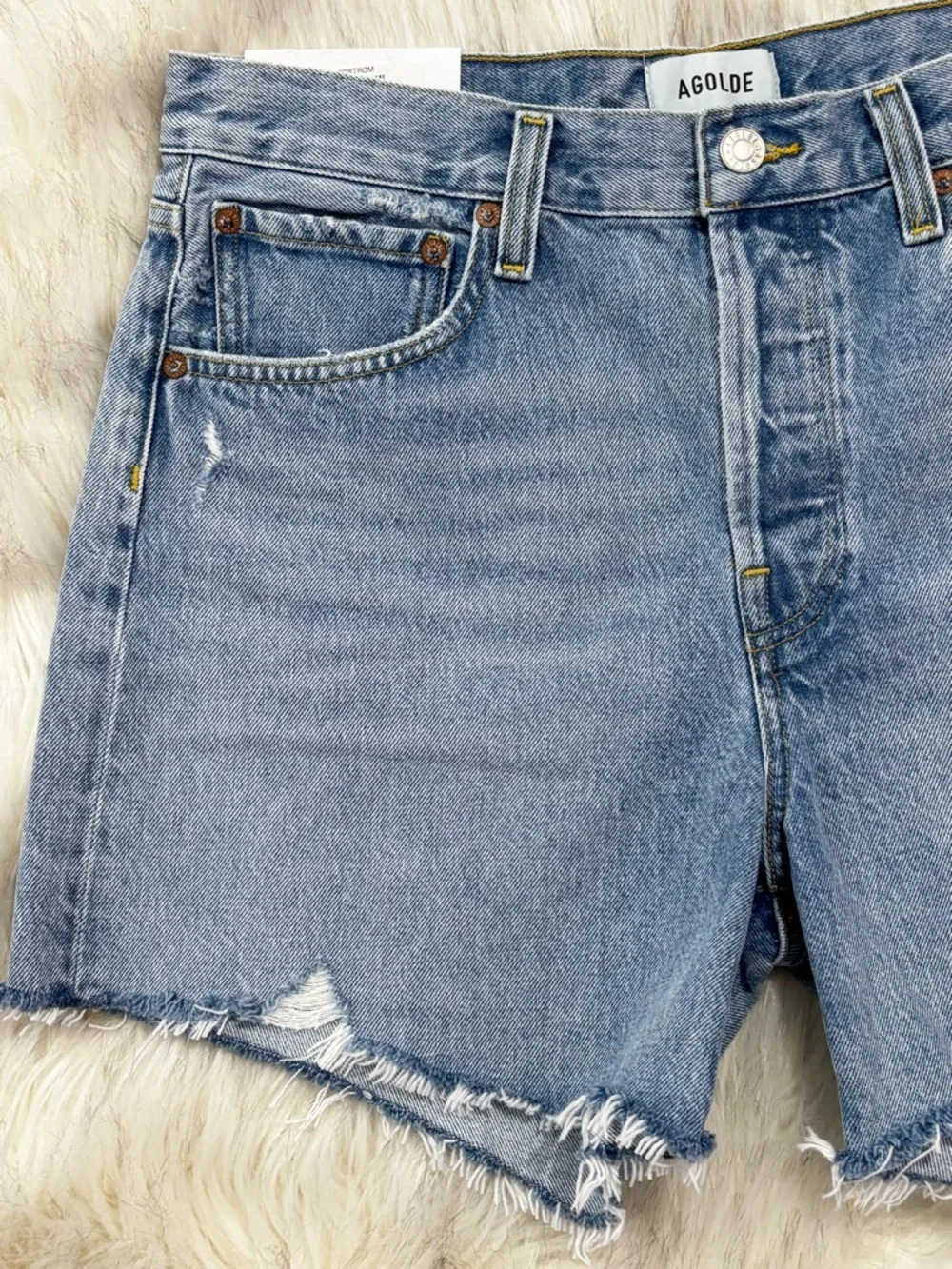 NWT Agolde Parker Long Swapmeet Light Blue Distressed Denim Cutoff Shorts SZ 27 - Picture 11 of 16